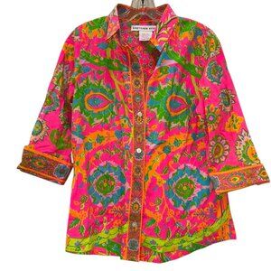 Gretchen Scott neon pink blue green paisley print top S 3/4 sleeve